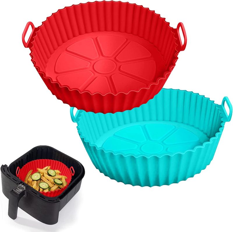Photo 1 of 2 Pack Air Fryer Silicone Liners Pot for 3 to 5 QT, Basket Bowl, Replacement of Flammable Parchment Paper, Reusable Baking Tray Oven Accessories, Red+Blue, (Top 8in, Bottom 6.75in)
