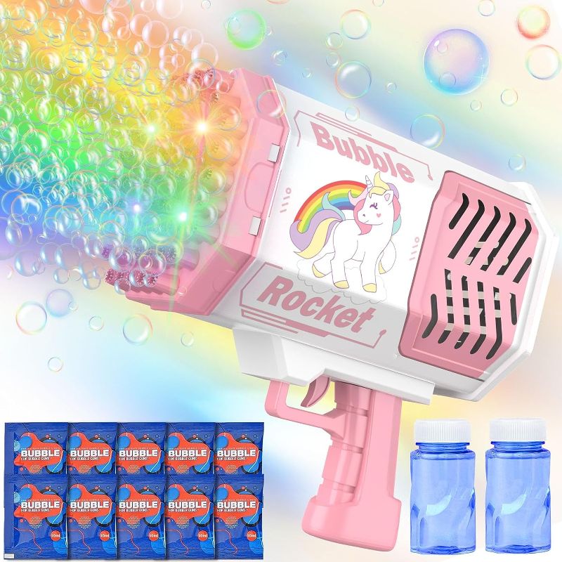 Photo 1 of Bubble Gun, 69 Holes Bubble Machine Gun with Colorful Lights/Bubble Solution Bubble Machine for Kids Adults Ideal Bubble Maker Toys Gift for Birthday, Wedding, Party, Indoor Outdoor Play (Pink)
