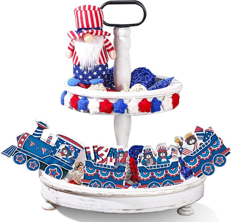 Photo 1 of 4 of July Tray Tier Patriotic Train Sign Independence Day Wooden Table Decorations Red White Blue Decor Fourth of July Party Decorations for Independent Day Veterans Day USA Ornaments
