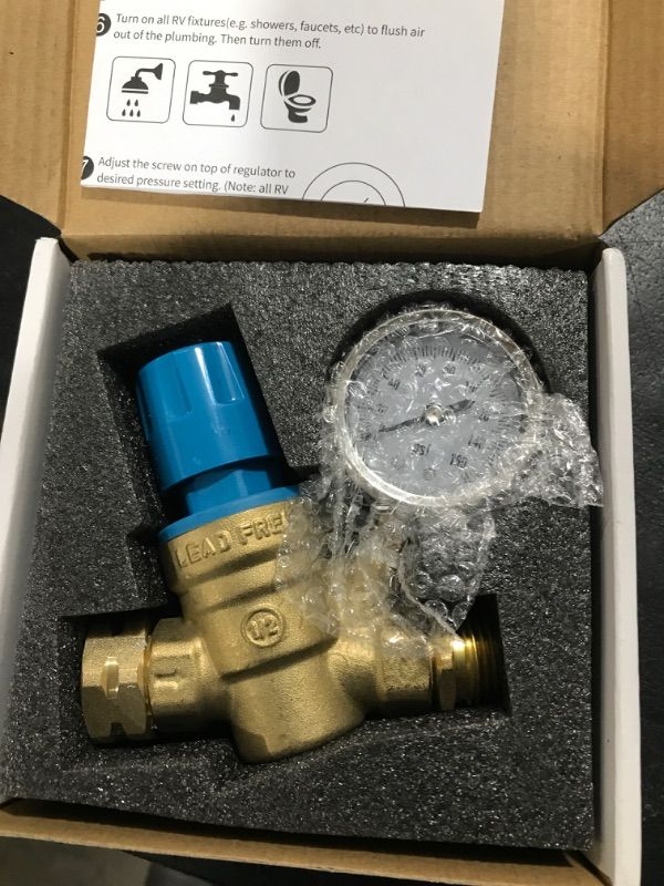 Photo 2 of YOMILINK RV Water Pressure Regulator Valve, 3/4” Adjustable Water Pressure Regulator with Gauge and Double Screen Filters for RV, Camper, Trailer and Garden, Oil Filled
