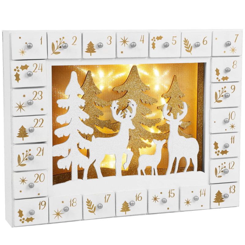 Photo 1 of Zcaukya Christmas Advent Calendar, Pre-lit LED Wooden Reindeer Christmas Advent Calendar with 24 Drawers, 24 Days Christmas Countdown Calendar Reindeer Wooden