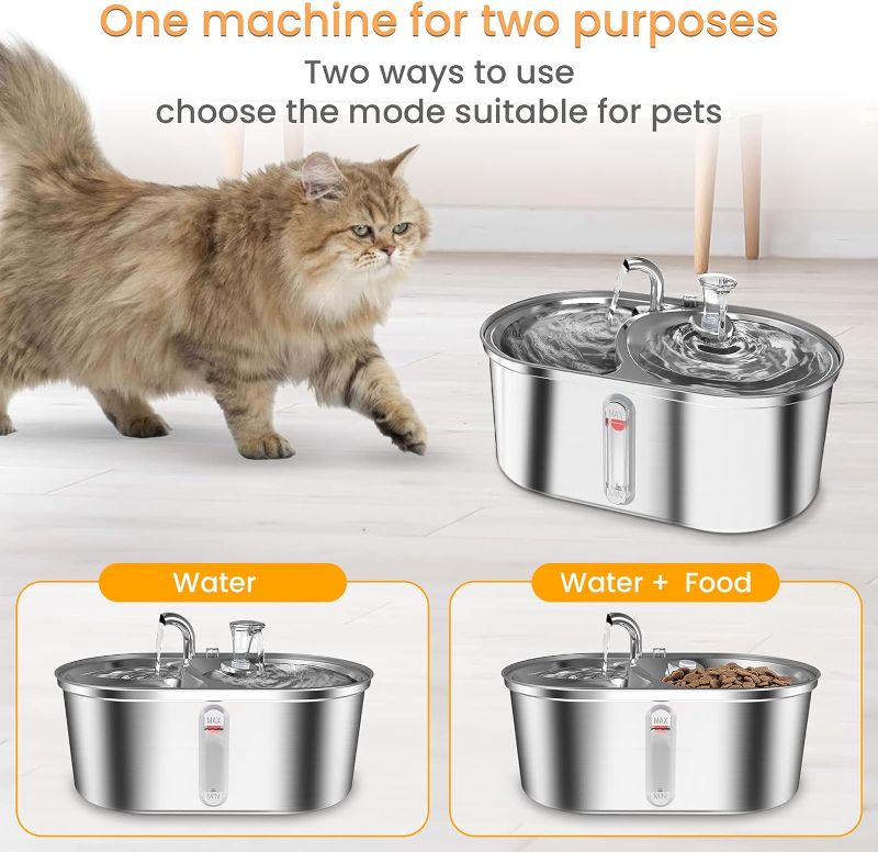 Photo 1 of KPWACD Cat Water Fountain, 3.0L/102oz Stainless Steel Pet Water Fountains Dog Dispenser, 2-in-1 Ultra-Silent Cat Drinking and Food Fountains Suitable for Small, Medium and Large Pets
