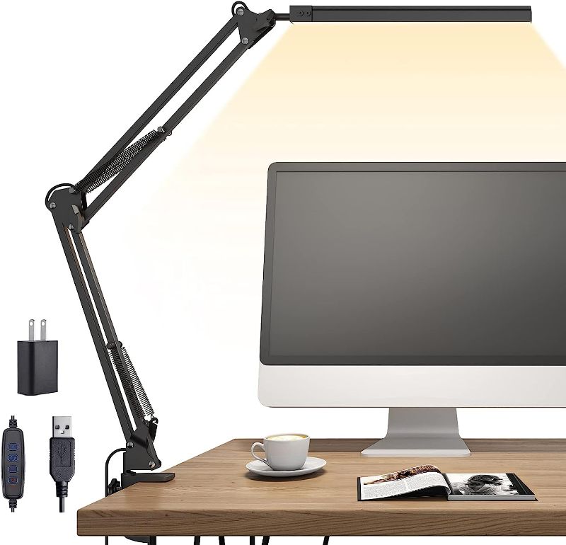 Photo 1 of TROPICALTREE LED Desk Lamp, Swing Arm Desk Light with Clamp, 3 Lighting 10 Brightness Eye-Caring Modes, Reading Desk Lamps for Home Office 360°Spin with USB Adapter & Memory Function black-14W
