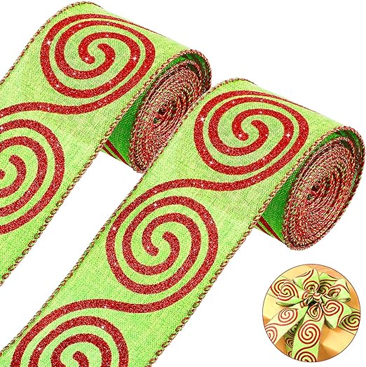 Photo 1 of 2 Rolls Christmas Ribbon Spiral Wired Dots with Stripes Wired Wrapping Colorful Fabric Ribbon Xmas Decorative Ribbons for Christmas Decor Supplies 2.5 Inch (Spiral Style,25 Yard Long)