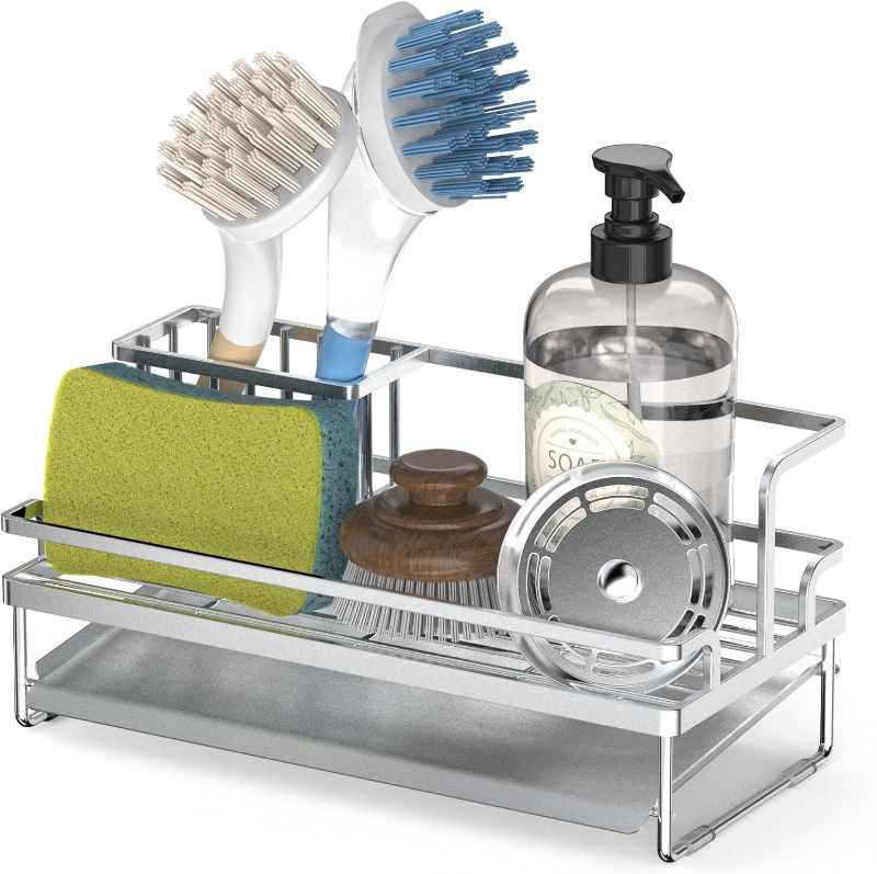 Photo 1 of ADDFIT HOUSE Kitchen Sink Caddy, Upgraded Sponge Holder for Kitchen Sink with Higher Dishcloth Holder, Rustproof 304 Stainless Steel Sink Caddy Organizer, Removable Brush Holder, Auto Drain Tray 