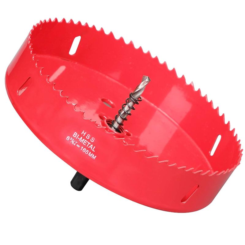 Photo 1 of 6-1/2 inch HSS Bi-Metal Hole Saw, Red Finish Corn Hole Cutter 165 mm for Wood Boards, Soft Metal Sheet, Drywall and Plastic
