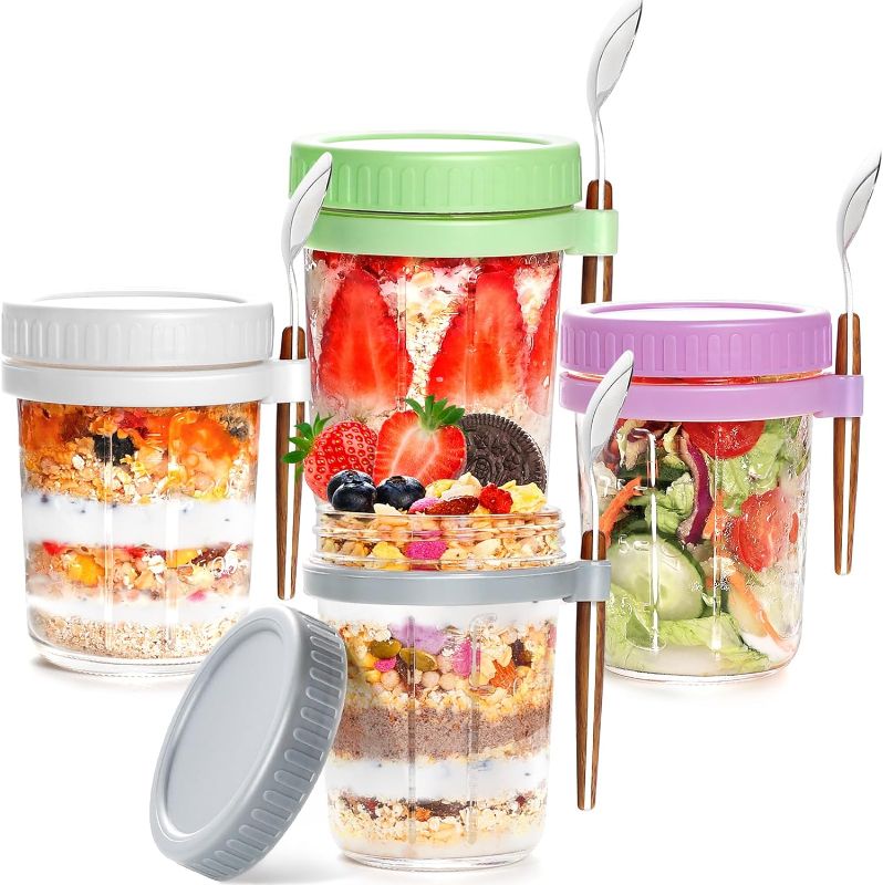 Photo 1 of 4 Pack Overnight Oats Containers with Lids And Spoon, 16 oz Glass Mason Jars For Overnight Oats, Large Capacity Overnight Oats Jars with Measure Marks Oatmeal Container for Cereal Yogurt Fruit Salad 