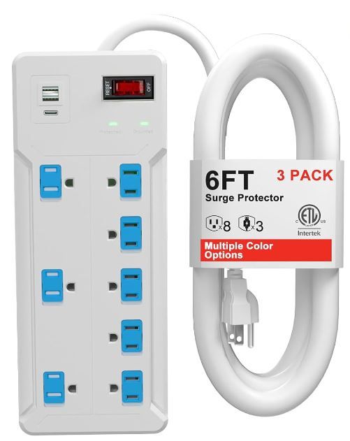 Photo 1 of ETL Power Strip Surge Protector, Multi-Color Surge Protector Power Strip with Satey Child Covers, 1700J Surge Protector with 6FT Cord, 1875W with 8 Outlets, 2USB & 1USB C, Wall Mountable