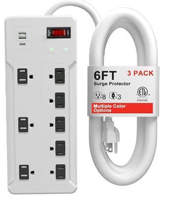 Photo 1 of ETL Power Strip Surge Protector, Multi-Color Surge Protector Power Strip with Satey Child Covers, 1700J Surge Protector with 6FT Cord, 1875W with 8 Outlets, 2USB & 1USB C, Wall Mountable