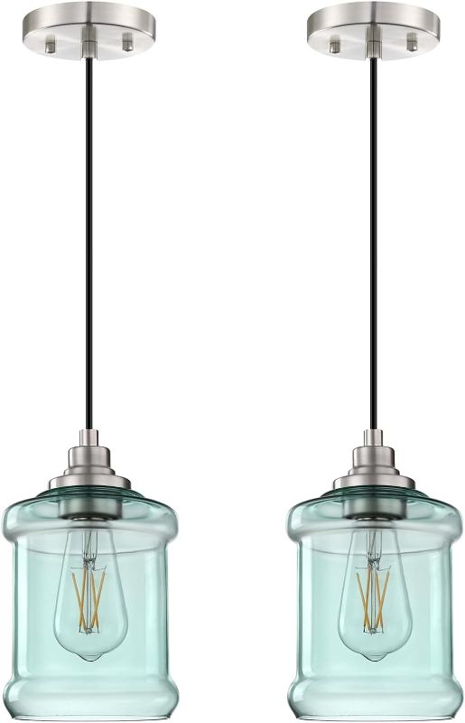 Photo 1 of 2 Pack 1 Light Indoor Hanging Kitchen Island Pendant Light 5.3" Ancient Green Glass Shade Pendant Lighting Fixtures Brushed Nickel Finish Modern Farmhouse Dinning Over Sink 