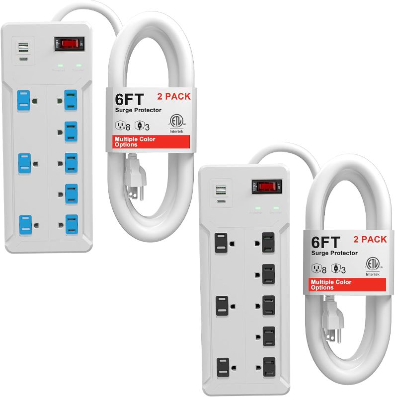 Photo 1 of ETL Listed Power Strip, Colourful Surge Protector Power Strip with 8 Outlets,2 USB & 1USB C, 6FT Extension Cord Power Strip Surge Protector with 1875W/15A, 1700J, Safety Child Covers-2Pack 