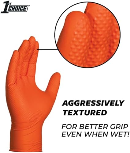 Photo 1 of 1st Choice 6 mil Mechanic Gloves, Nitrile Gloves Disposable Latex Free - Nitrile Disposable Gloves with Rasied Diamond Grip Large (Pack of 100) Orange