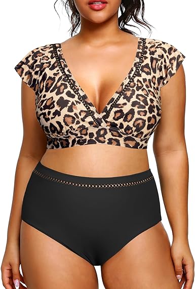 Photo 1 of Daci Women Plus Size Two Piece Bikini Sets High Waisted Swimsuits Cap Sleeve Bathing Suits Ruffle Trim Swimwear--18w