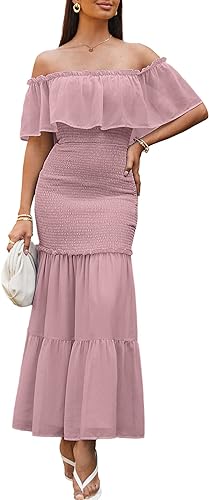 Photo 1 of BerryGo Women's Elegant Maternity Off The Shoulder Ruffle Bodycon Maxi Dress Smocked Bridesmaid Wedding Guest Dress--SIZE LARGE