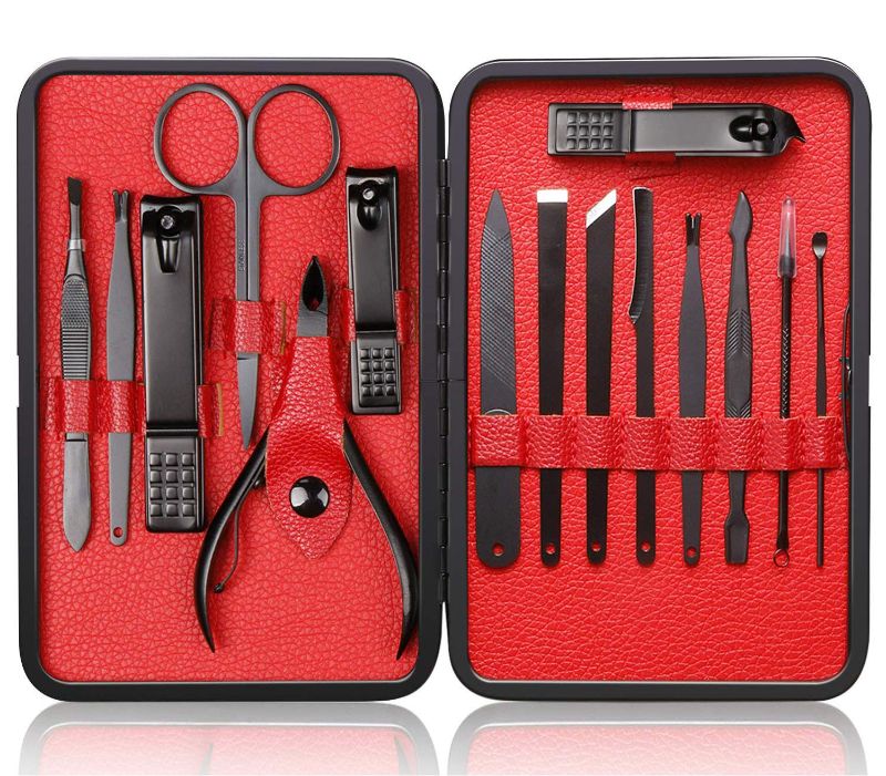 Photo 1 of AE.MELAN Manicure Kit Nail Clippers Set Stainless Steel Professional Pedicure Black 15 Pieces Grooming Scissors Cutter Ear Pick Tweezers Scissors Eyebrow File for Man&Women Gift (Red/Black_15 Pieces)
