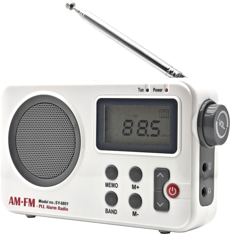 Photo 1 of FEZEQIN SY-8801 Radio Portable AM FM Bands Radio Small Digital Radio with Time Setting Sleeping Timer Alarm Clock Radio Battery Operated/AC Powered Build-in Speaker and Earphone Jack (White)
