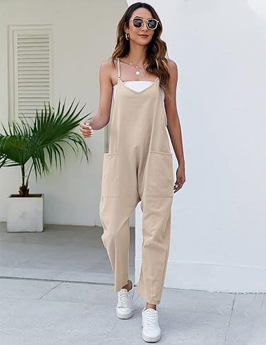 Photo 1 of Flygo Womens Loose Fit Jumpsuits Sleeveless Baggy Overall Linen Cotton Oversize Crotch Rompers with Two Pockets --size xxl