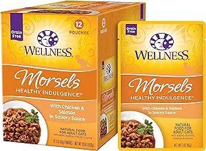 Photo 1 of Wellness Healthy Indulgence Morsels Grain-Free Wet Cat Food, Made with Natural Ingredients, Proteins, Complete and Balanced Meal, 3 oz Pouches (Chicken & Salmon, 24 Pack) Chicken & Salmon Morsels 3 Ounce (Pack of 24)