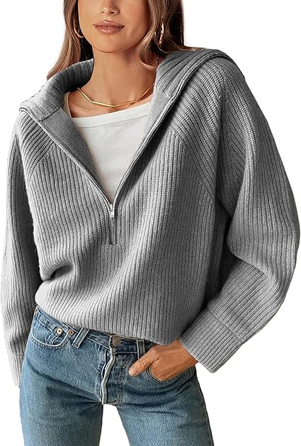 Photo 1 of BTFBM Women’s Casual Long Sleeve Half Zip Pullover Sweaters Solid V Neck Collar Ribbed Knitted Loose Slouchy Jumper Tops XL