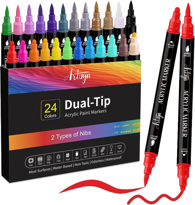 Photo 1 of 24 Colors Acrylic Paint Pens, Dual Tip Pens With Medium Tip and Brush Tip for Rock Painting, Ceramic, Wood, Plastic, Calligraphy, Scrapbooking, Brush Lettering, Card Making, DIY Crafts
