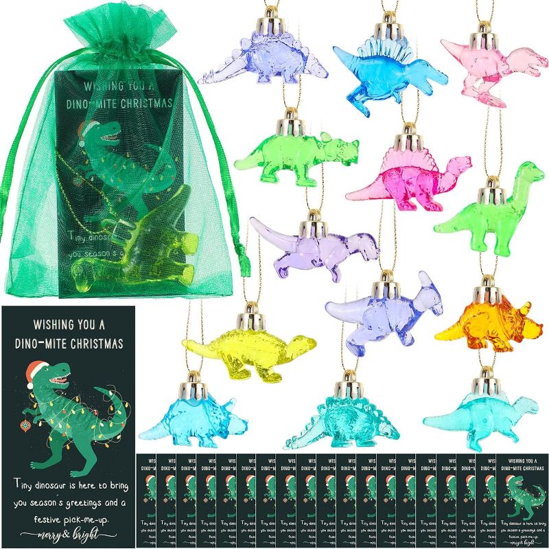 Photo 1 of Beeveer Christmas Dinosaur Ornament Set Included Dinosaur Shapes Hanging Resin Ornament for Christmas Tree Merry Bright Greeting Card with Organza Bags for Coworker Student (52, Cute Style)