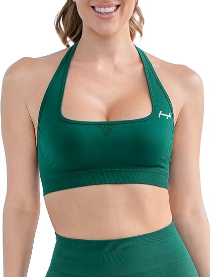 Photo 1 of FRESOUGHT Halter Backless Sports Bras for Women, Open Back Seamless Padded Cropped Bras Low Impact Workout Fitness Tops M