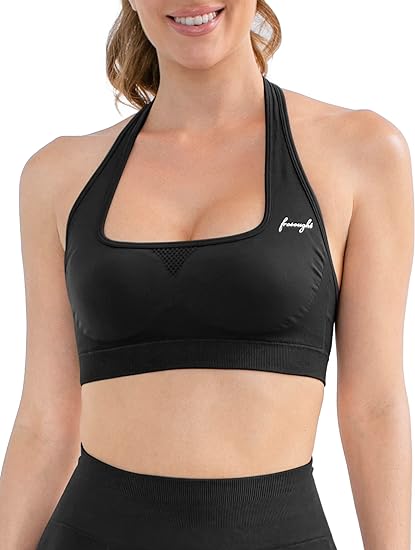 Photo 1 of FRESOUGHT Halter Backless Sports Bras for Women, Open Back Seamless Padded Cropped Bras Low Impact Workout Fitness Tops RED L