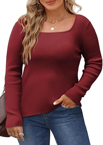 Photo 1 of Eytino Womens Plus Size Sweaters Casual Square Neck Long Sleeve Ribbed Knitted Pullover Jumper Tops 4x