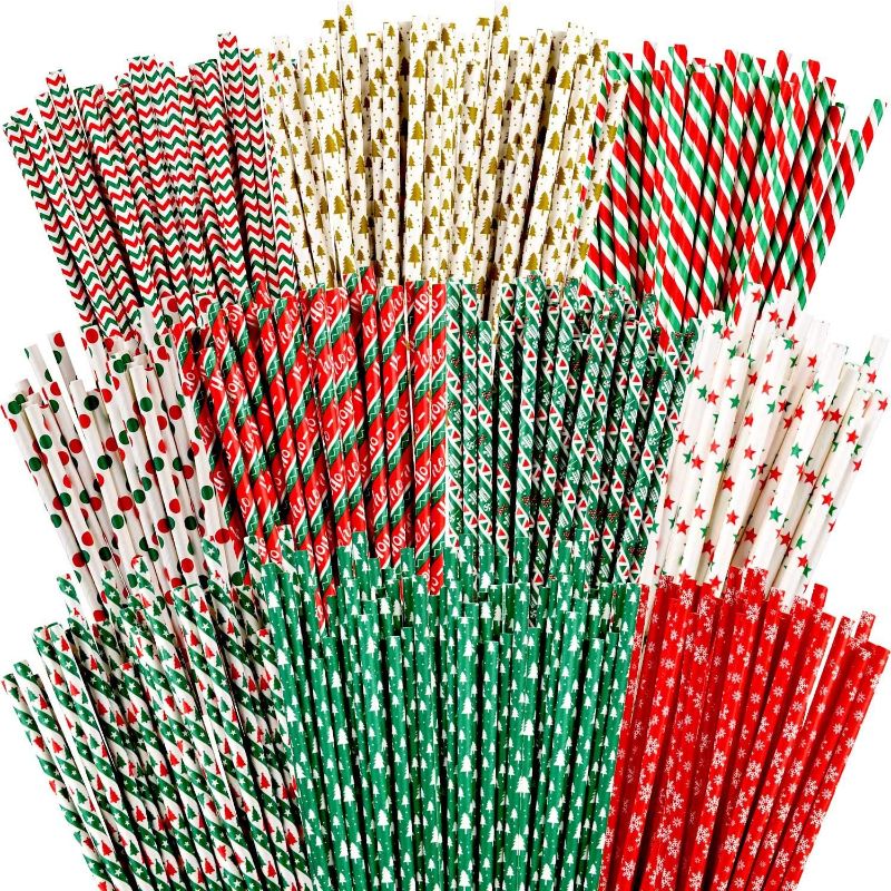 Photo 1 of 250 Pieces Christmas Drinking Straws Christmas Green and Red Striped Dot Paper Drinking Straws with Christmas Tree Star Snowflake Gift Crutches Pattern for Christmas Party Supplies, 10 Styles
