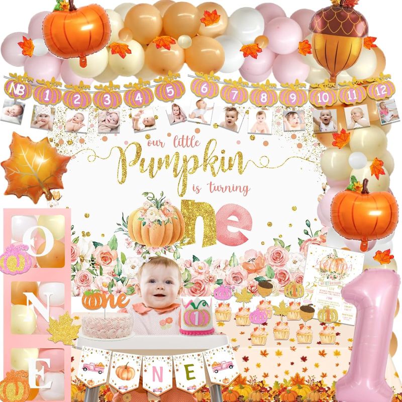 Photo 1 of 191 PCs Our Little Pumpkin Is Turning One Decorations for Girl, Fiesec Pink Fall Thanksgiving 1st Birthday Party Backdrop Balloon Maple Leaf Banner Tablecloth Cake Topper Box Cutout Crown Poster
