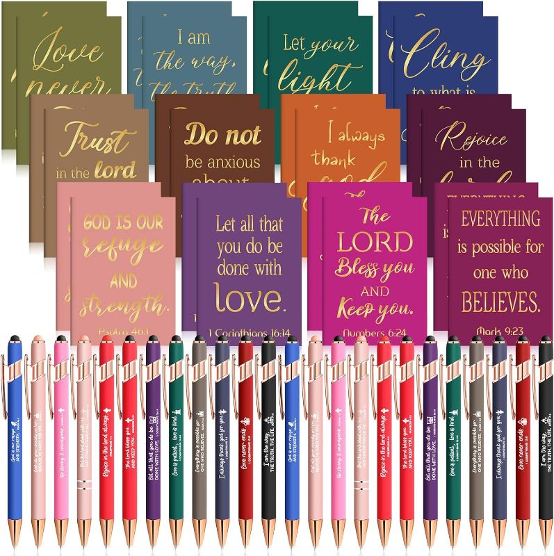 Photo 1 of  48 Pcs Bible Pens Notepads Gifts Set 24 Bible Ballpoint Pen 24 pcs Bible Notebook Inspirational Quotes Christian Pens Bible Journal for Women Motivational Christian Gifts