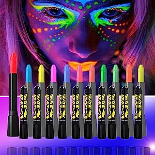 Photo 1 of 12 Colors Glow In The Dark Under Black Light Face & Body Paint, Black Light Glow Body Paint Makeup Fluorescent Neon Face Painting Crayons Kit for Halloween Costume Holiday Masquerades Club Makeup
