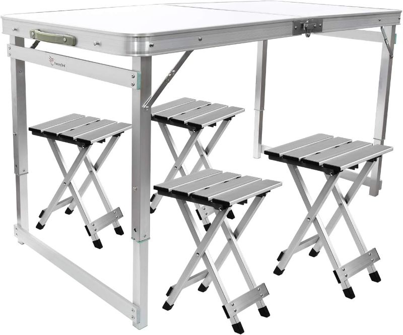 Photo 1 of  Folding Picnic Table with 4 Stools, Aluminum Table Chair Set for up to 4 Persons, Portable Lightweight and Heights Adjustable for Outdoor Camping Dining BBQ Party