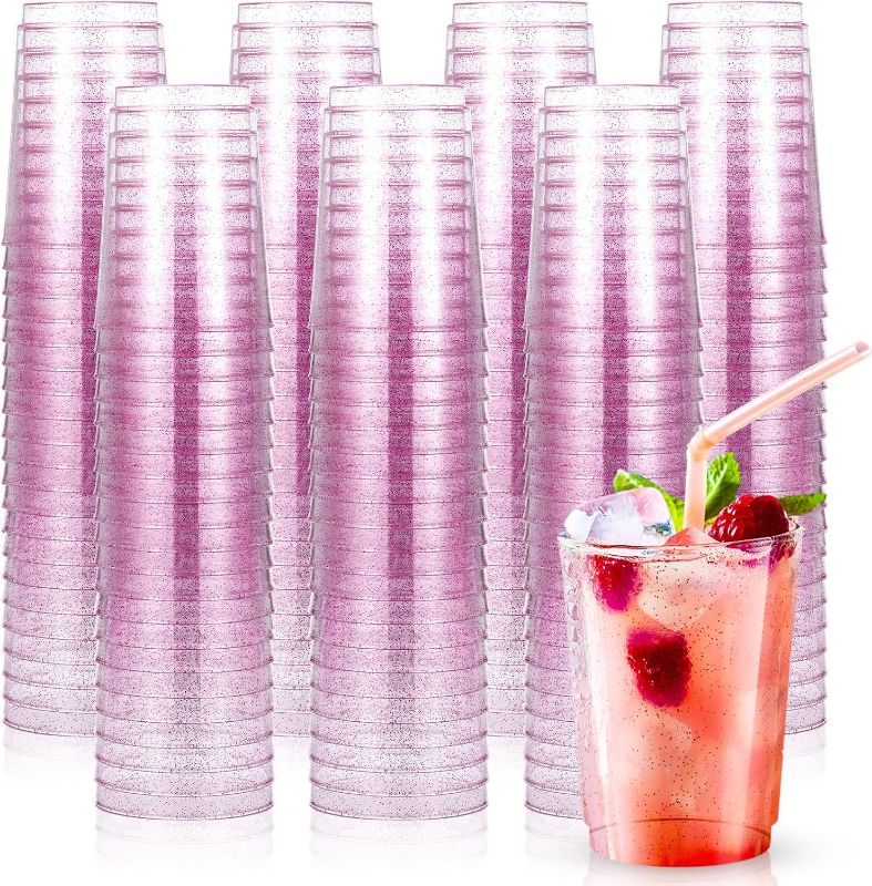 Photo 1 of 150 Pcs 10oz Glitter Plastic Cups Disposable Party Cups Bulk, Clear Heavy duty Wine Cocktail Tumblers Drink Cups for Wedding Christmas Party Picnics Decoration (Purple) SOME CUPS MISSING- TOTAL QTY UNKNOWN