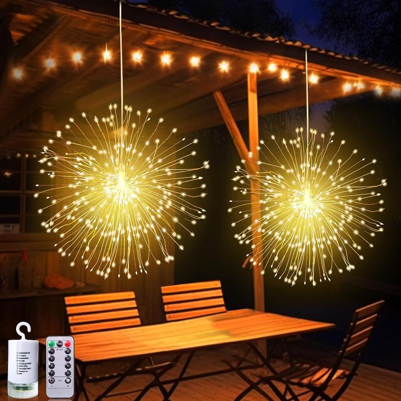 Photo 1 of [Timer & 8 Modes] 2 Pack Christmas Fireworks Lights, Total 240 LED Starburst String Lights Battery Operated Remote Hanging Fairy Lights Christmas Decorations Home Indoor Outdoor Patio, 120 LED Each