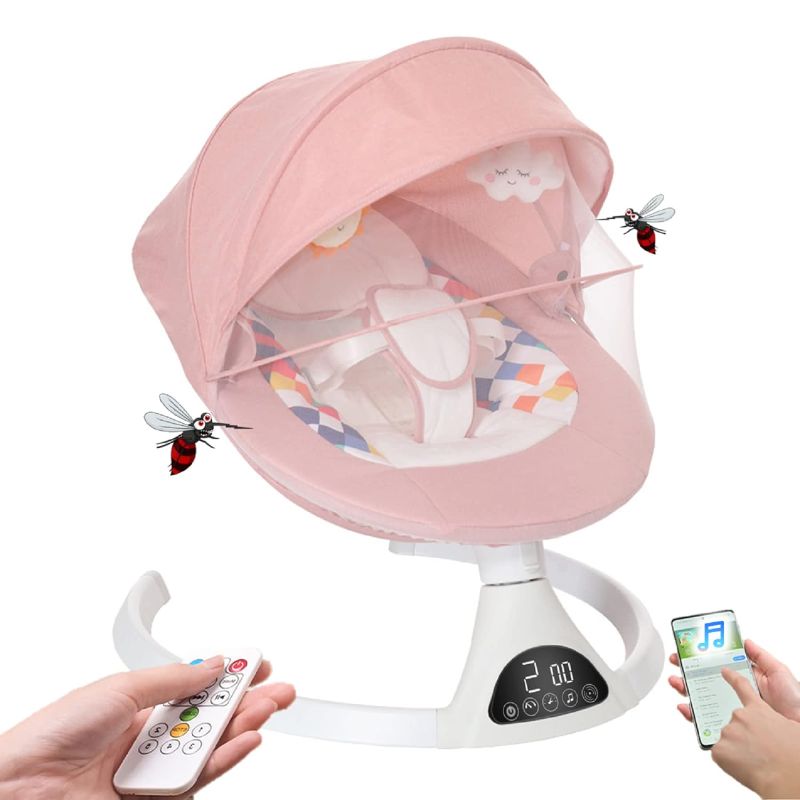 Photo 1 of Addweet Baby Swings for Infants, Portable Bluetooth Enabled Baby Rocker with 5 Natural Swing Ranges & 10 Preset Sleep Music, Auto-Sensing Start-Stop System, Remote Control Newborn Swing (Pink)
