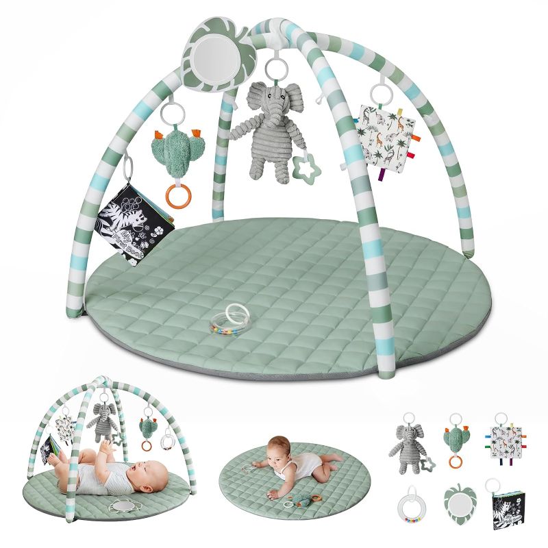 Photo 1 of Baby Play Gym Mat, Tummy Time Mat with 6 Detachable Toys for Stage-Based Sensory & Motor Skill All Development, Easy to Install & Clean Baby Activity Mat, Gift for Newborn Baby Essentials, Sage Green
