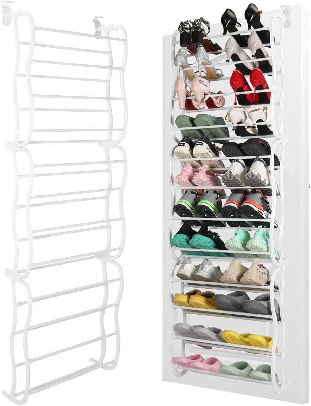 Photo 1 of KOCASO Over The Door Shoe Rack Organizer - 36 Pair Shoes Wall Hanging Closet Shoe Rack Shelf 12Layers Storage Stand with Hooks-US Spot (White)