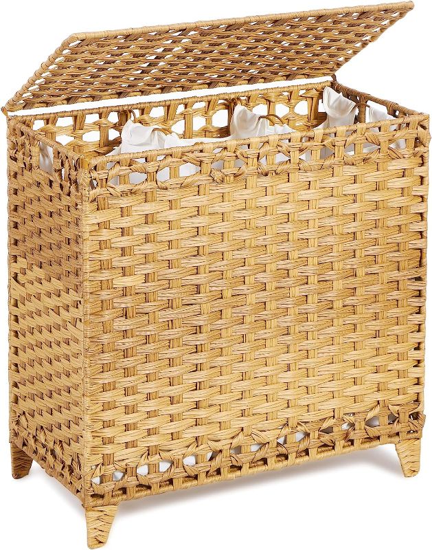 Photo 1 of Laundry Hamper with 3 Removable Liner Bags;  Handwoven Rattan Laundry Basket with Lid & Heightened Feet;  (Natural)
