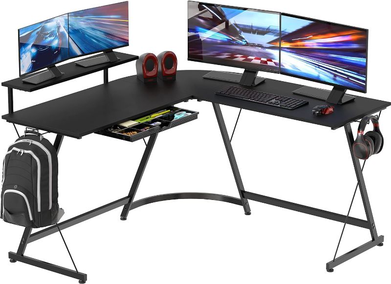 Photo 1 of SHW Vista L-Shape Desk with Monitor Stand, Black
