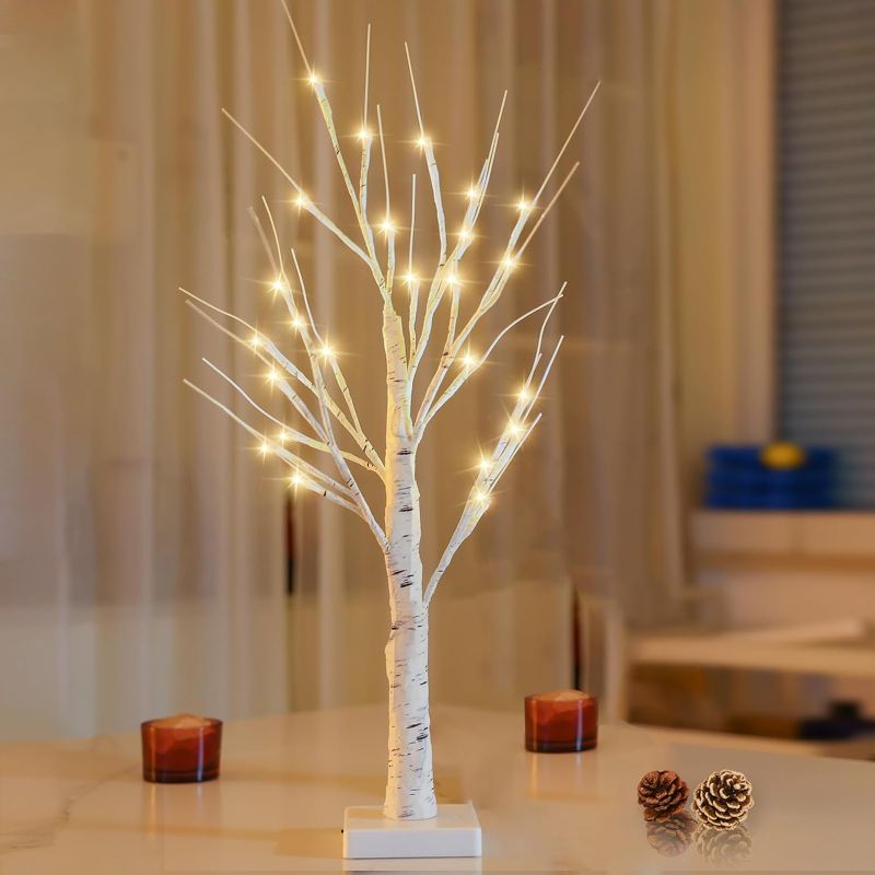 Photo 1 of 2FT 24LED Lighted Birch Tree Artificial Branch Tree, Pre-lit Tabletop Christmas Tree Lamp Battery Operated with Timer for Indoor Bedroom Xmas Party Wedding Festival Home DIY Decorations (Warm White)
