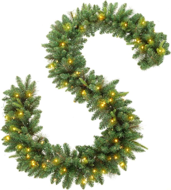 Photo 1 of  9 FT by 12 Inch Christmas Garland, Pre-lit Garland with 50 Warm Lights, Classic Green Christmas Garland with 300 Branch Tips for Indoor and Outdoor Decoration