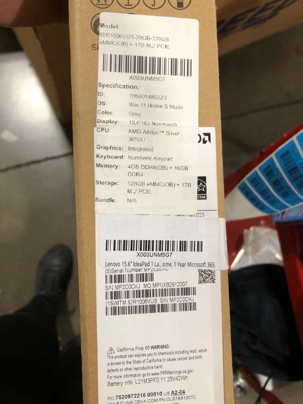 Photo 1 of 15.6" IDEAPAD 1 LAPTOP, 1TB SSD STORAGE, 20GB MEMORY, AMD ATHLON SILVER PROCESSOR, 15.6" HD DISPLAY, WI-FI 6 & BLUETOOTH 5.1, SD CARD READER, HDMI, WINDOWS 11 HOME, 1 YEAR MICROSOFT 365 16GB RAM | 1TB SSD CLOUD GREY