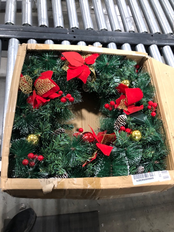 Photo 1 of [Timer & Super Large Thick] 26 Inch Prelit Frosted Christmas Wreath Decoration with 80 Colorful Lights 8 Balls 4 Poinsettia 200 Tips 50 Berry 10 Pinecon Battery Operate Xmas Decor Front Door Outdoor