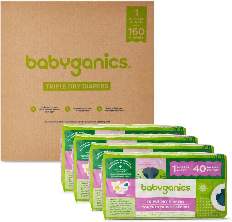 Photo 1 of Babyganics Size 1, 160 count, Absorbent, Breathable, Triple Dry Protection Diapers
