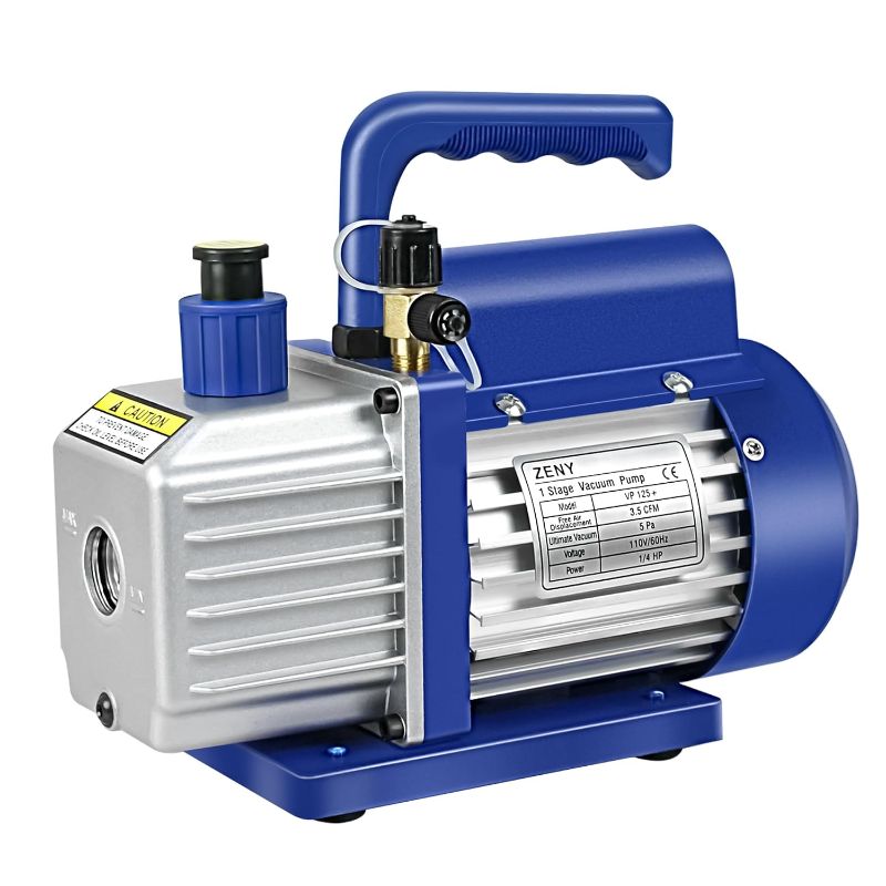 Photo 1 of 5CFM Single-Stage 5 Pa Rotary Vane Economy Vacuum Pump 3 CFM 1/4HP Air Conditioner Refrigerant HVAC Air Tool R410a 1/4" Flare Inlet Port, Blue