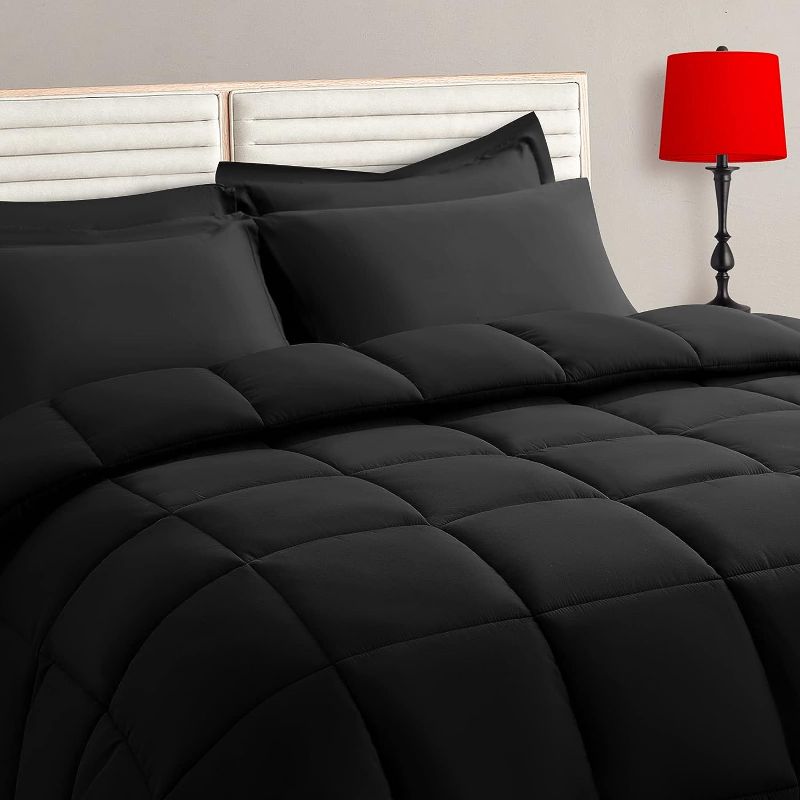 Photo 1 of  Black Queen Size Comforter Set - 7 Pieces, Bed in a Bag Bedding Sets with All Season Soft Quilted Warm Fluffy Reversible Comforter,Flat Sheet,Fitted...