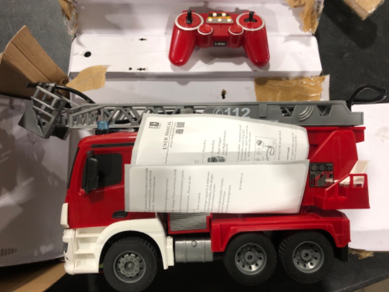 Photo 1 of DOUBLE E Benz Licensed Remote Control Fire Trucks for Kids 10 Channel 1:20 Scale RC Fire Truck Toys Cars Gift 2.4GHz 4WD Real Lights Rechargeable Large Capacity Battery