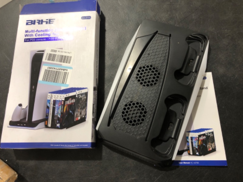 Photo 1 of Black PS5 Stand with Cooling Fan and Dual Controller Charger Station, Charging Dock Holder PS5 Accessories Vertical Digital Stand Base for Playstation 5 Console/Disc/Digital Editions