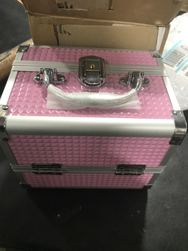Photo 1 of Joligrace Makeup Train Case Portable Cosmetic Box Jewelry Organizer Lockable with Keys and Mirror 2-Tier Trays for Makeup Artists Craft Nail Kits Sewing Box Traveling Makeup Storage Case Pink Unique Pink